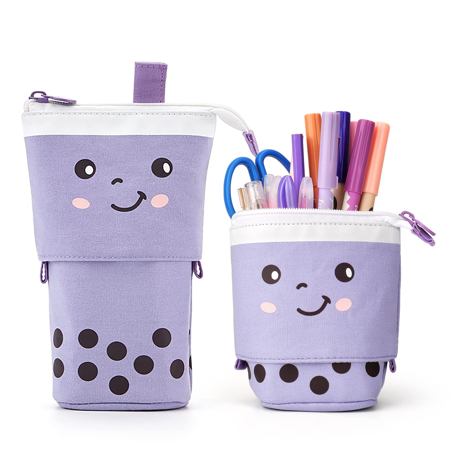 Estuche Escolar Vertical para Dibujos Animados Lindo Gato, Telescópico Estuche para Bolígrafo Lona, Cosmética Papelería Organizador Caja para Niña, Chico, Estudiante & Profesor，Púrpura y punto