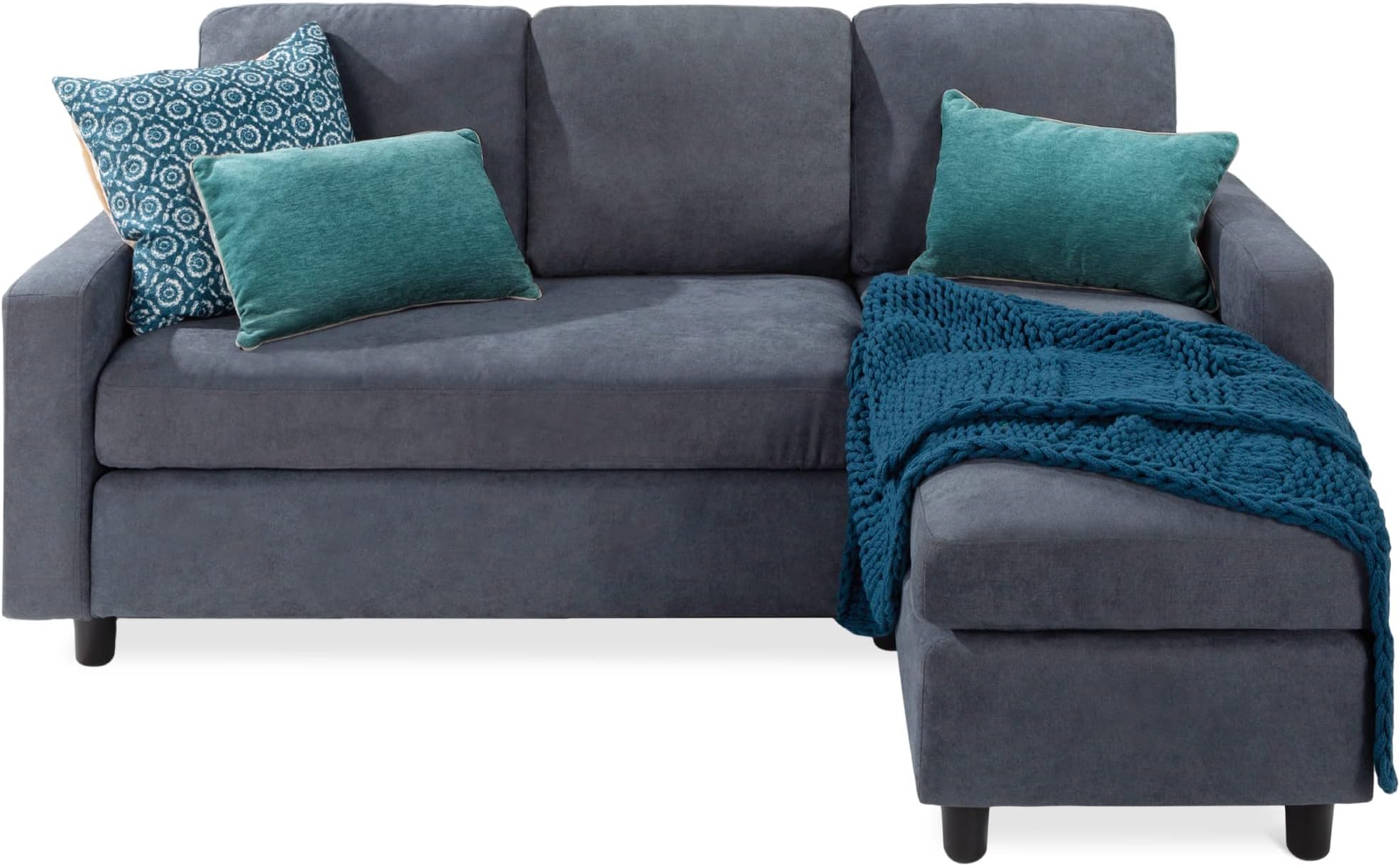 Upholstered Sectional Sofa for Home, Apartment, Dorm, Bonus Room, Compact Spaces w/Chaise Lounge, 3-Seat, L-Shape Design, Reversible Ottoman Bench, 680lb Capacity - Blue/Gray