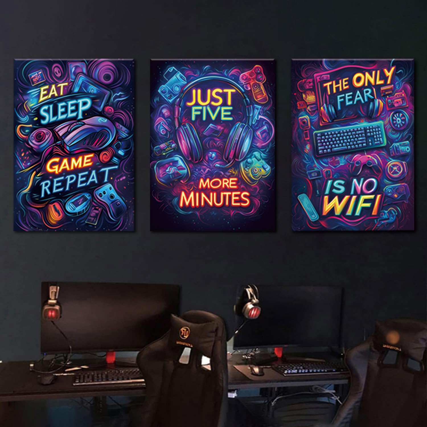 Yolbcdr Neon Gaming Canvas Wall Art Set di 3, 40,6 x 61 cm | Decorazione da parete colorata per videogiochi, set di poster per videogiochi al neon, stanza dei giochi