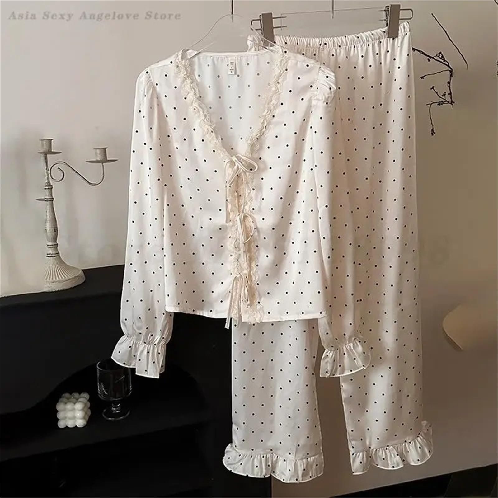Conjunto de Pijama 2 uds con Borde Volantes Lunares, Ropa Dormir Seda Helada for Primavera y Verano, Holgada Suave Manga Larga Cuello en V for Mujer para Descanso en casa