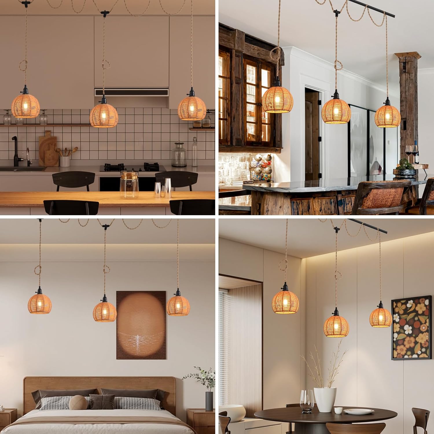 3-Light Hanging Light with Plug in Cord,Plug in Pendant Light 22ft Hemp Rope Pendant Lighting Vintage 3-Light Hanging Lamp Fixtures for Kitchen Island Living Room Bedroom