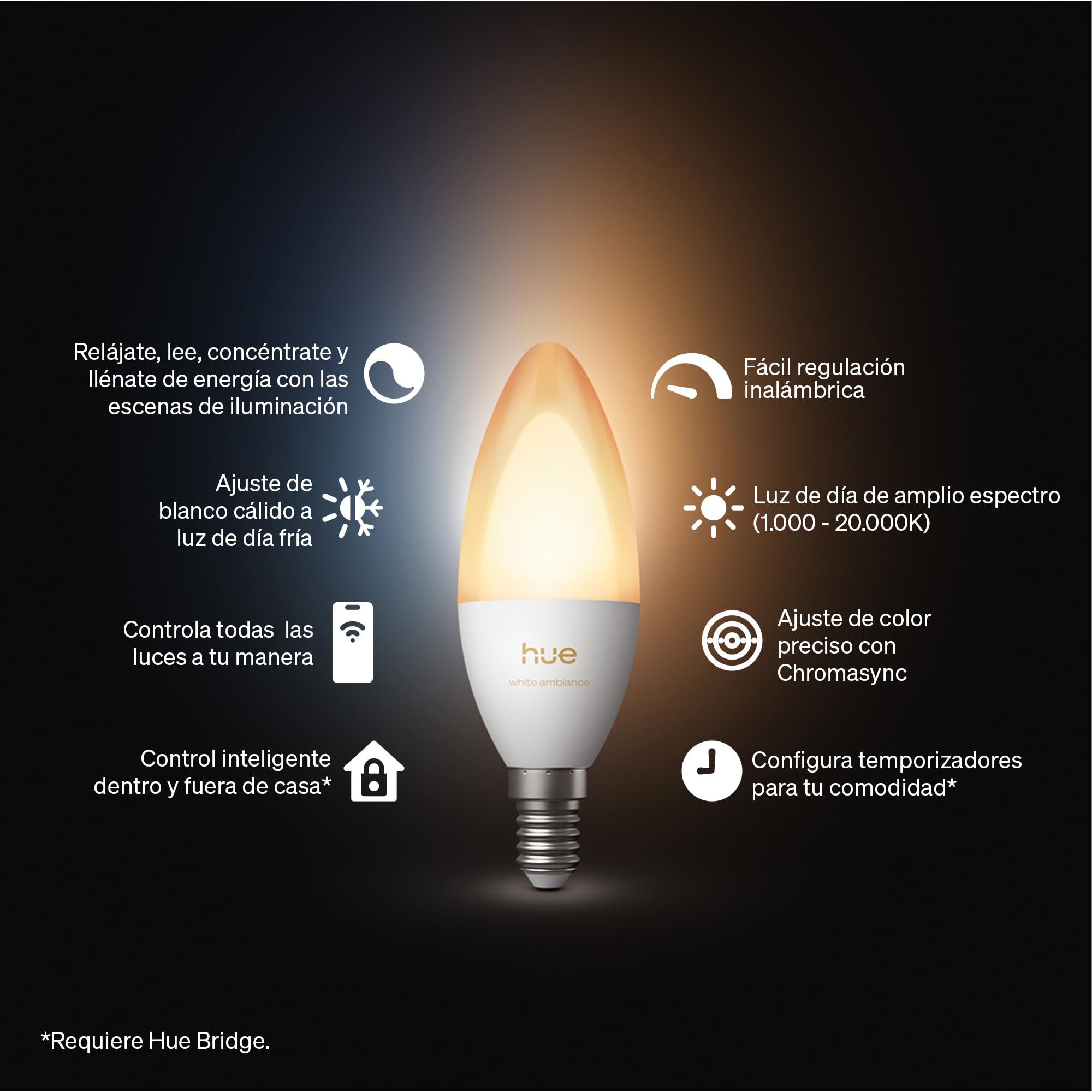 Philips Hue Smart Bombilla E14 Vela LED, B39, 3 Ud, White Ambiance, Luz de Espectro Completo 1000 K-20000 K, 500 lm, Regulación Ultrabaja, Alexa, Google Home, Apple Home