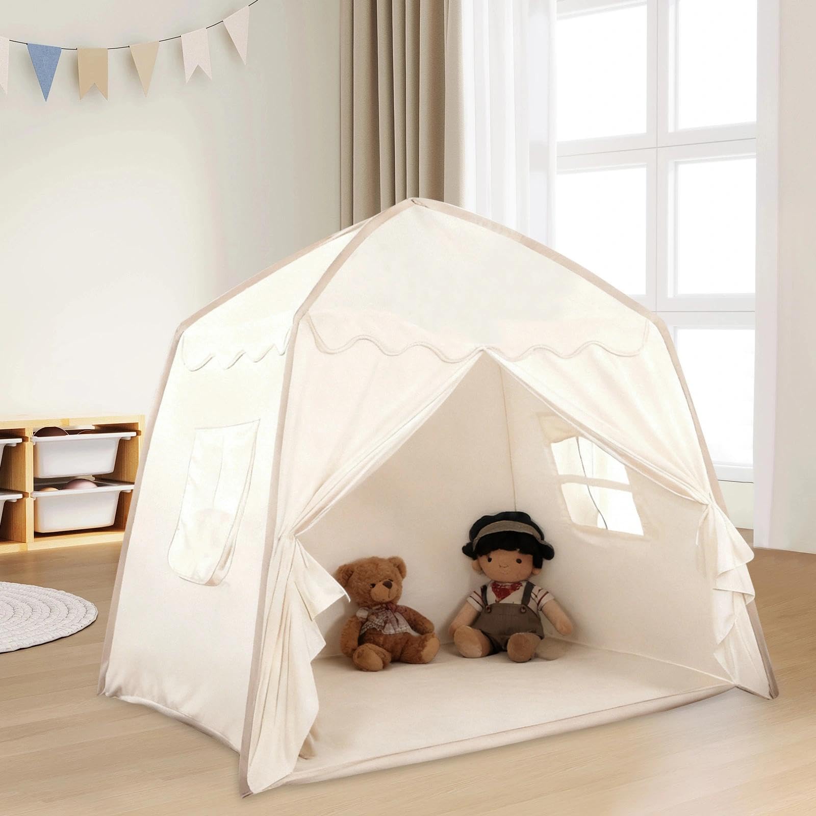 Tenda Gioco Bambina Pieghevole, Capanna per Bambini con Tappetino Morbido, Tenda per Bambini Cameretta con Finestre, Tende Principessa per Ragazze e Ragazzi(130cm × 100cm × 130cm)