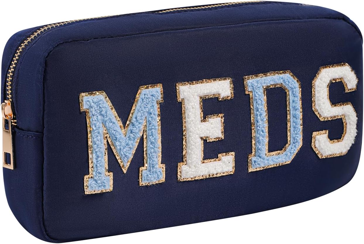 2Pcs Chenille Letter Patch Nylon Medicine Makeup Bag Set,Cute MEDS Travel Makeup Bag with Metal Zipper, First Aid Purse Organizer Cosmetic Bag for Women and Girls(Beige MEDS-RX)