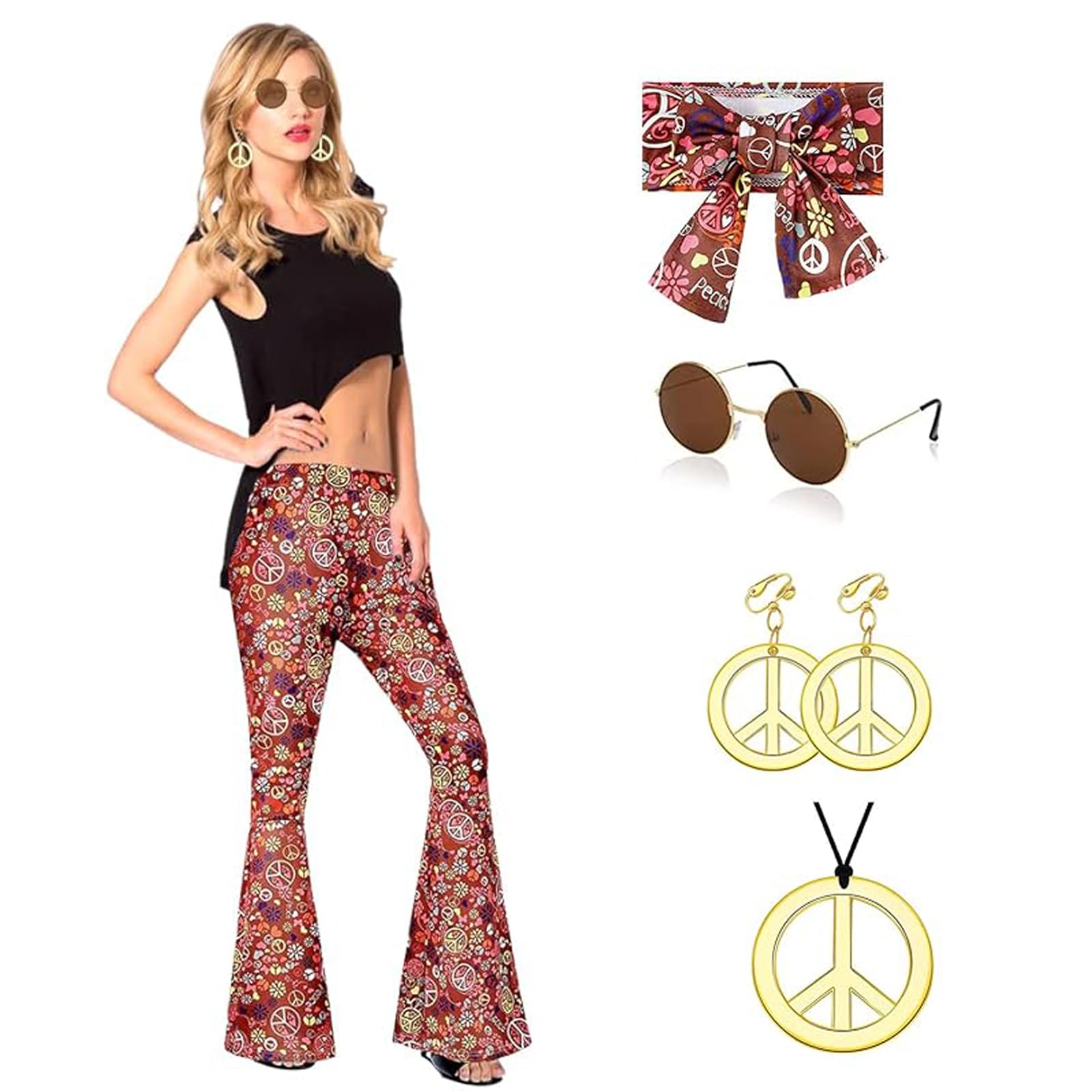 Funmo Juego de 5 piezas de disfraz hippie para mujer, pantalones de los años 70, disfraz hippie, disfraz de mujer de los 60 años, ropa hippie, pantalones boho para carnaval, vestido, discoteca