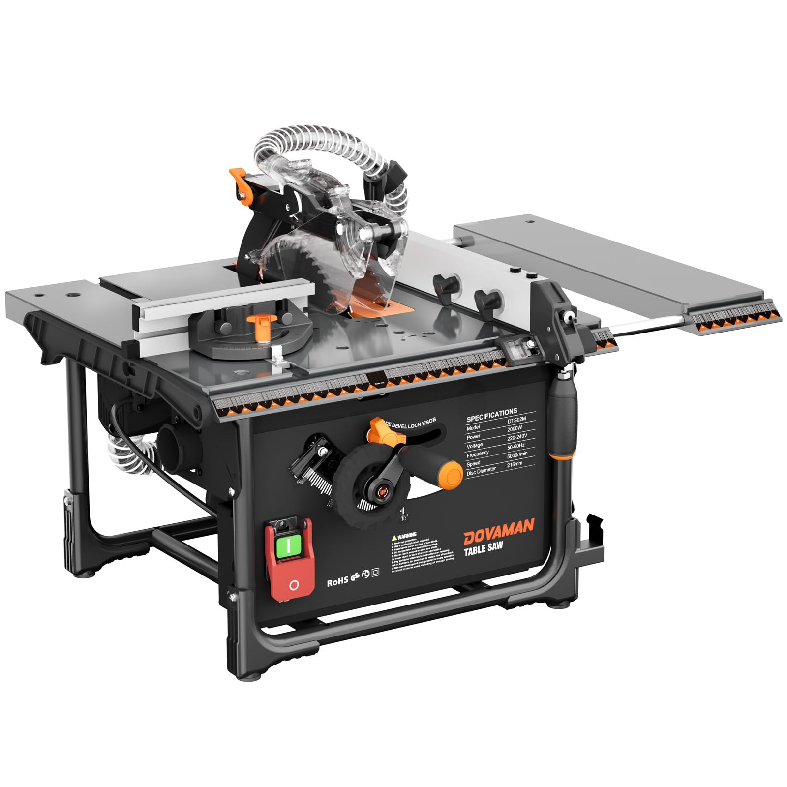 DOVAMAN DTS02M Table Saw, 98% Dust Collection, 2000W with 216mm Blade, Max Cutting 60mm (90°) and 40mm (45°), Tool Storage, Table Saw Ideal for Woodworking & DIY