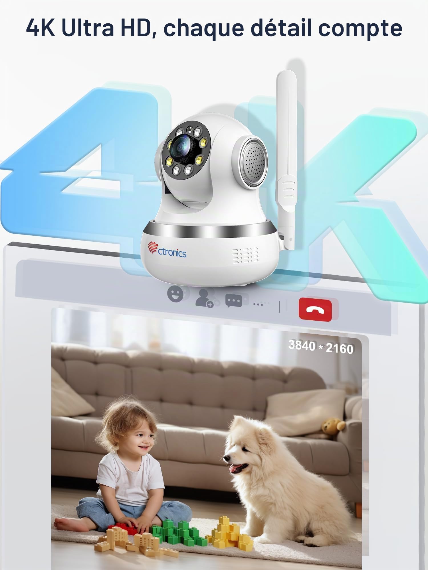 Ctronics Caméra Intérieure 4K, Suivi Auto, Vision Nocturne Couleur