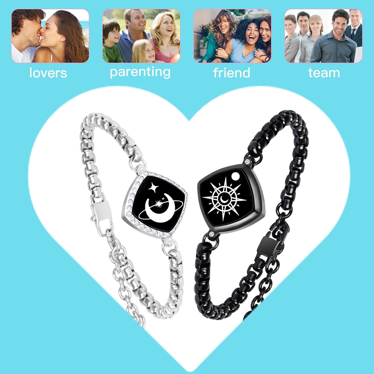 PULOMI Long Distance Touch Bracelets, Vibration & Light up Remote Smart Matching Couples Bracelet for Couple Long Distance Relationship Girlfriend Boyfriend Festival Gifts Lover Jewelry Set