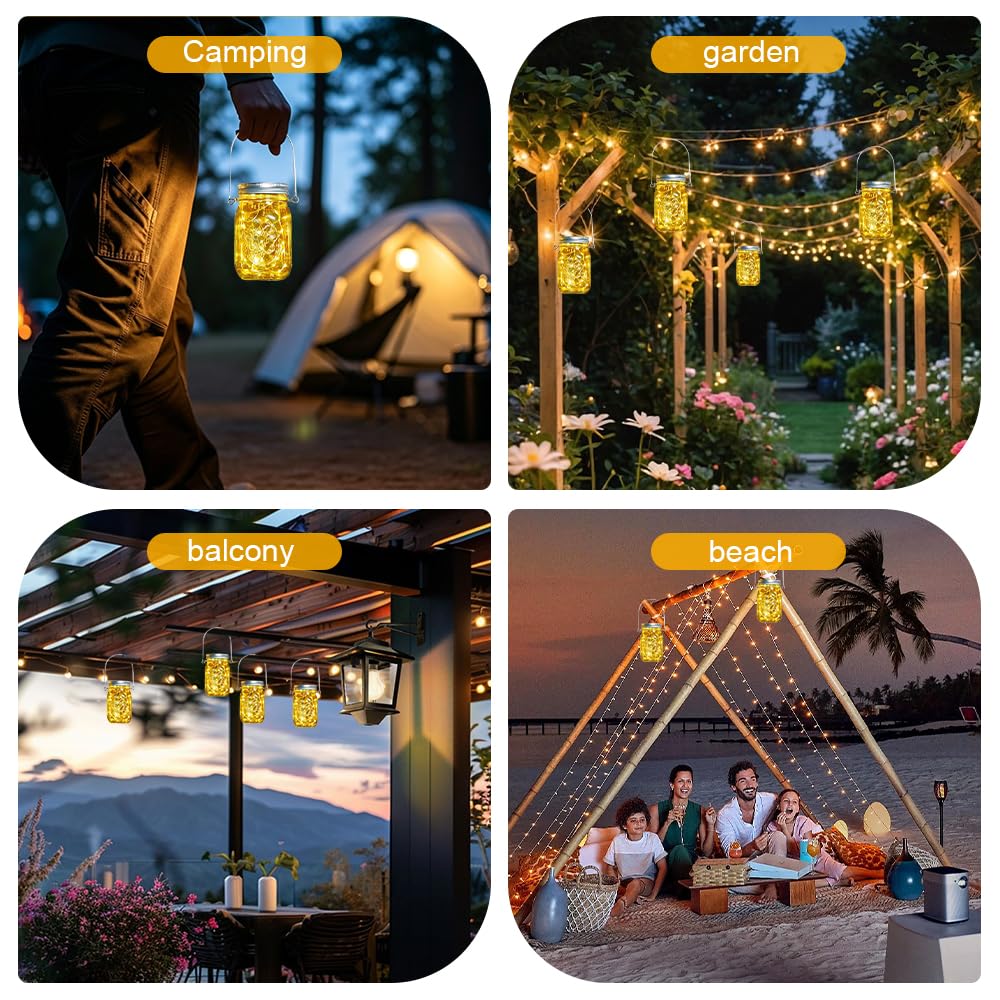 6 luci solari di ricambio, 30 LED Mason Jar, lanterna solare per esterni, con ganci, impermeabili, con coperchio per barattoli, per giardino, terrazza, balcone, feste