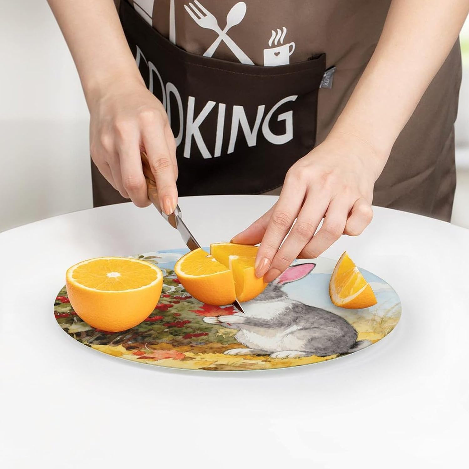 Fall Animal Tempered Glass Chopping Block | 7.9 Inch Round Non Slip Glass Cutting Board Kitchen Prep Tray for Household Daily Cooking Outdoor Picnic Use