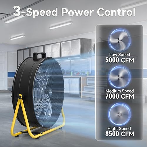 Miniatura 3 de Ventilador de tambor industrial de alta velocidad de 24 pulgadas, ventilador de metal resistente de 3 velocidades de 8500 CFM para almacén,