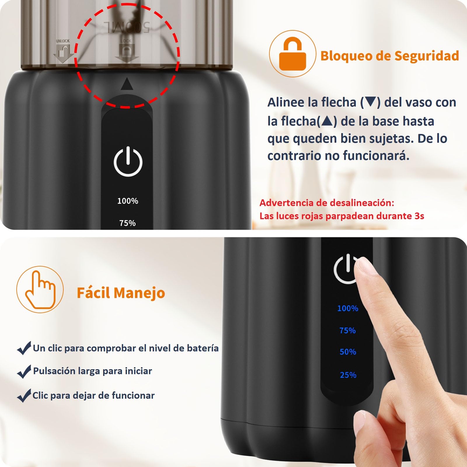 COKUNST Batidora Portátil, Mini Licuadora para Zumos y Batidos, 22000 RPM Trituradora de Alimentos con 6 Cuchillas, Vaso Exprimidor de 500 ml Tapa para Cocina, Deporte, Oficina