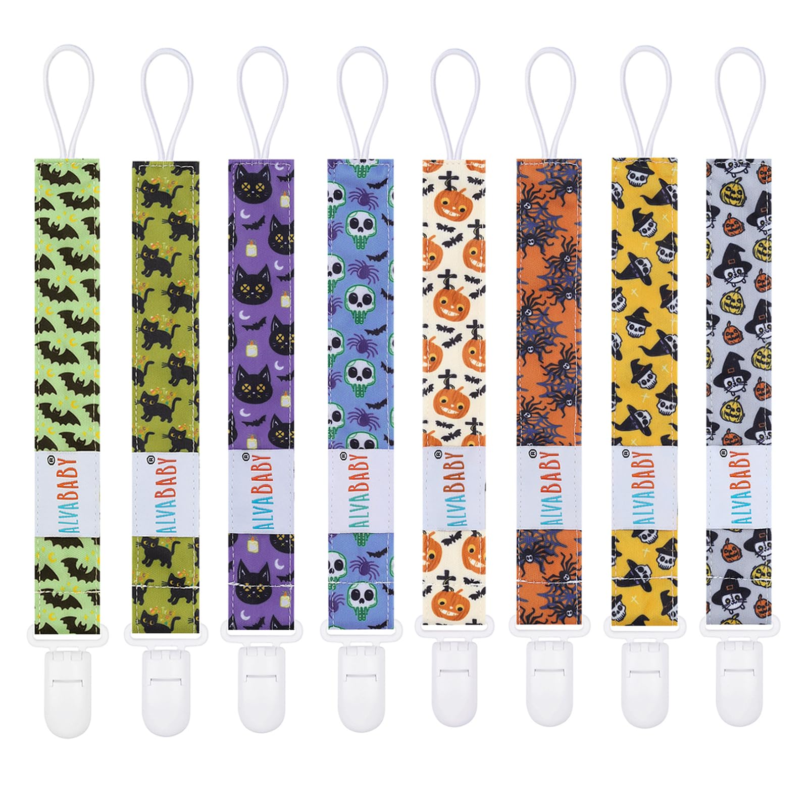ALVABABY Halloween Neutral Pacifier Clips 8 Packs Binky Paci Clip Holder Leashes for Baby Boys and Girls Fits Most Pacifier,Binkie Styles,Baby Teethers,Toys