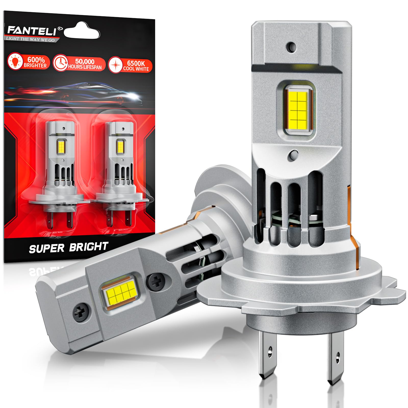 FANTELI H7 LED Headlight Bulb, 600% Brighter 50000LM H7 Headlight Bulb, 1:1 Size No Adapter Required Plug and Play with Cooling Fan, 6500K Cool White LED Headlights Halogen Replacement, Pack of 2