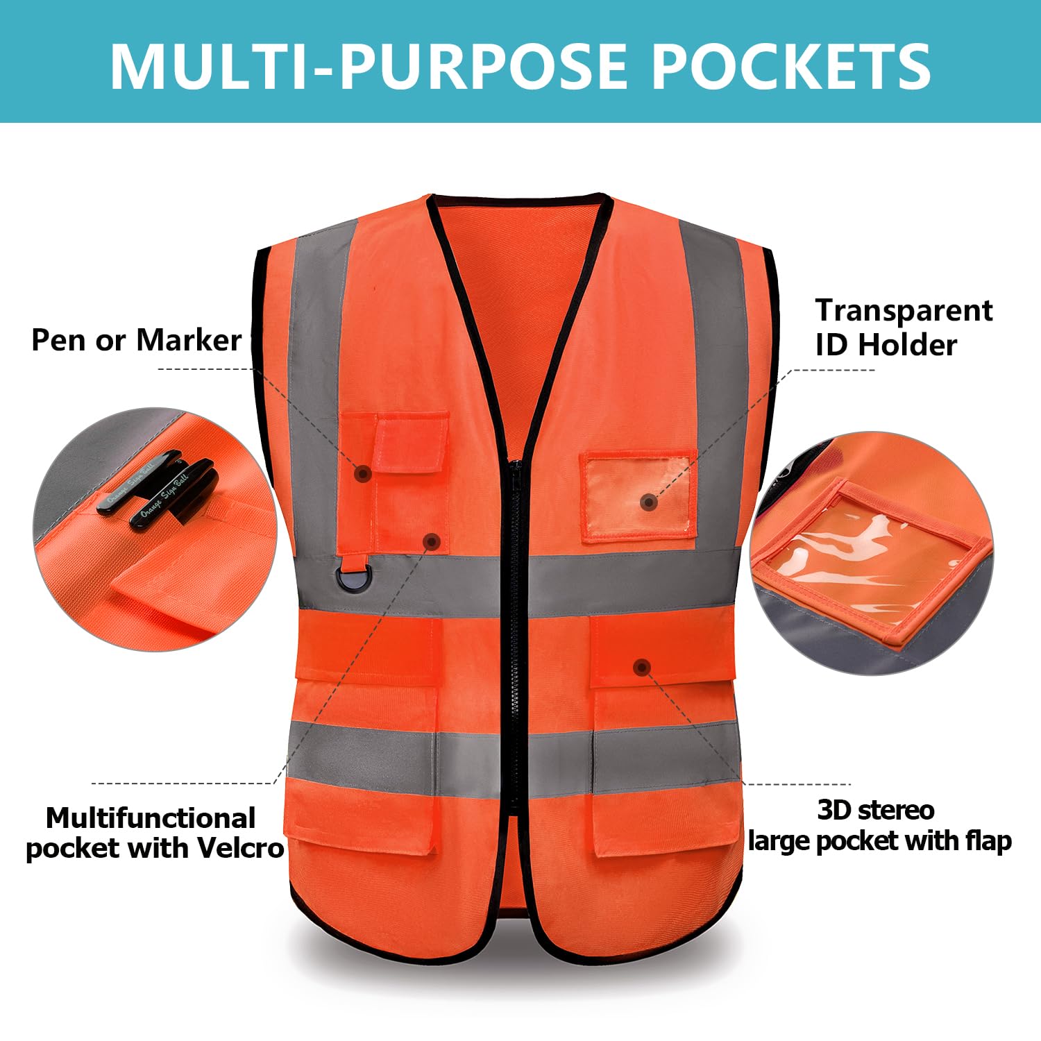 YUANVEST Hi Vis Vests for Men Women 5 Pockets,High Visibility Reflective Safety Security Vest,2-inch Reflective Strip High Visibility Vest,Meets ANSI/ISEA Standards (Orange-Cloth - Image 3