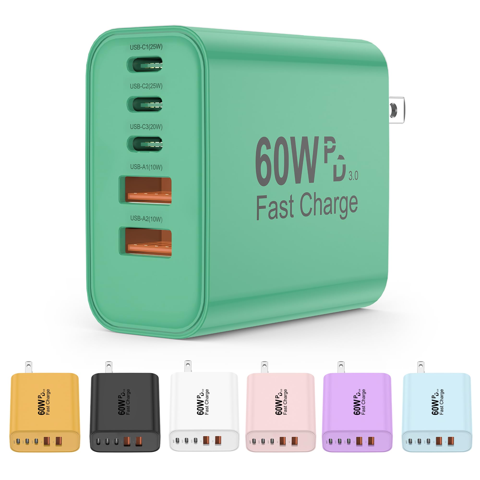 USB C Charger Block, 60W 5 in 1 Charging Blocks, PD 3.0 Fast Charger, QC 2A Green Wall Plug Multiport Type C Charging Block for iPhone 17 16 15 14 13 12 Pro Max, iPad, iPod, Samsung, AirPods Pro