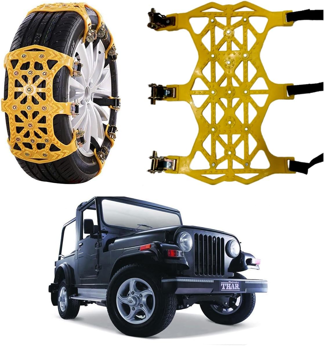 Oshotto Snow Chain Set for Tyre Anti Skid durable in Rough Terran/Mountain Compatible with Mahindra Thar Tires (Width 185-295mm/7.2-11.6'')(6 Pcs set)