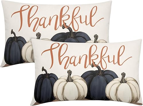 Juego de 2 fundas de almohada de calabazas azules y blancas decorativas de otoño de 12 x 20 pulgadas, juego de 2 fundas de almohada de otoño de