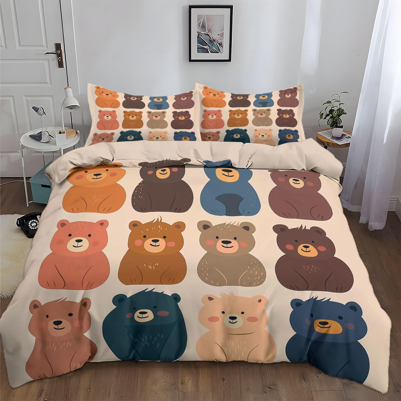 Bedding Sets Cartoon Animal Bear Print Duvet Cover Set, Comforter Cover 3D Duvet Cover Full Size Soft Youth Reversible 3-Piece Quilt Cover for Kids Teens