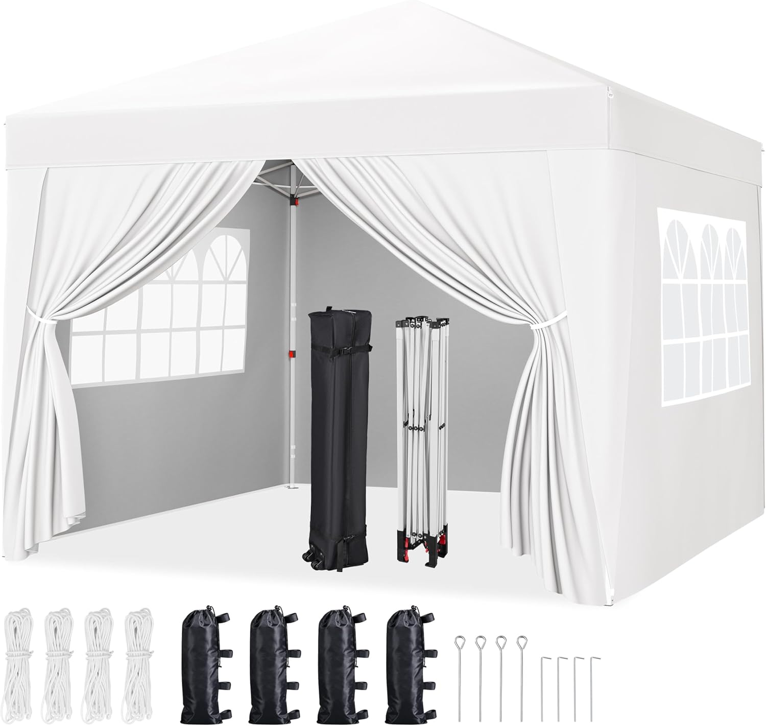 Yaheetech 8x8 Pop Up Canopy with 4 Removable Sidewalls, Portable Enclosed Instant Tent, Waterproof Outdoor Tent, Beach Sun Shelter with 4 Sandbags, 8 Stakes & 4 Ropes, White