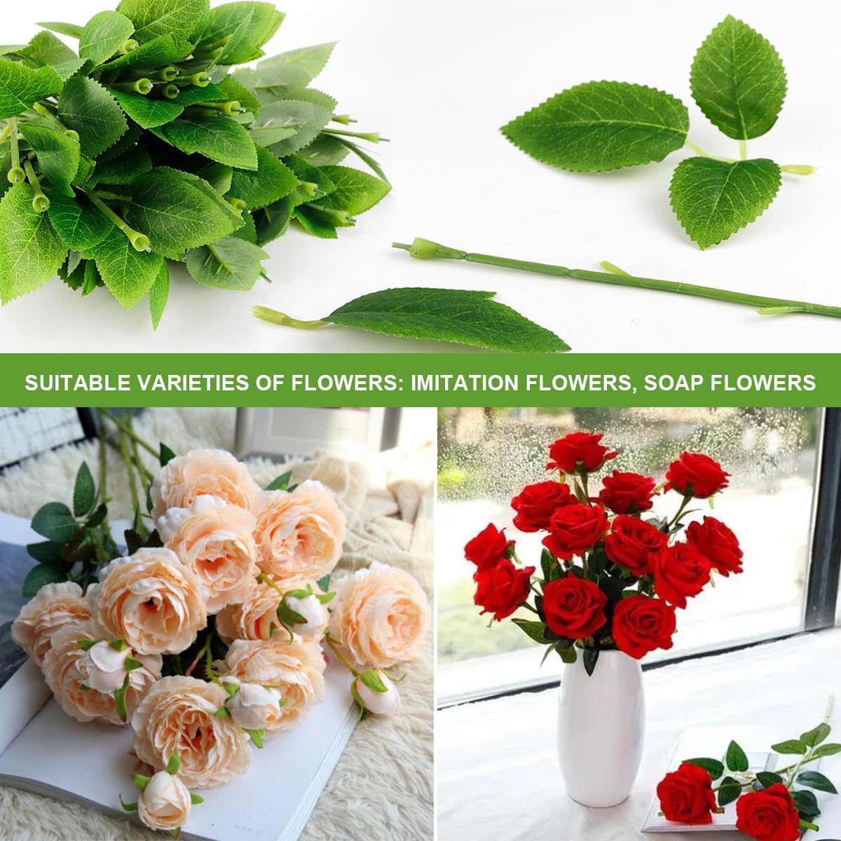 50Pcs Flower Wire stem Plastic Artificial Flower Crafts Green stem Wire with Leaves DIY Crafts Bouquet Making Flower Arrangement Tools