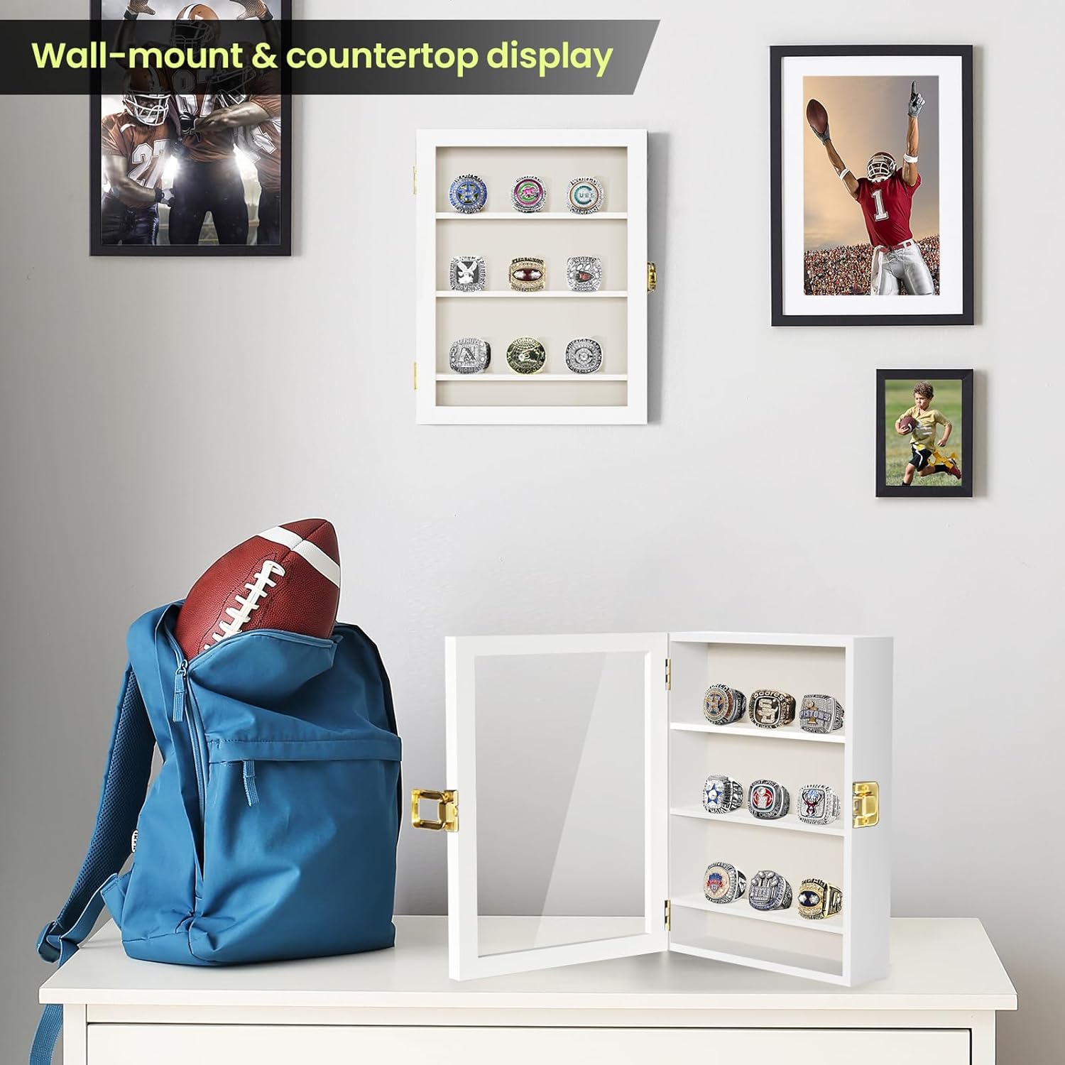 TJ.MOREE Championship Ring Display Case, 9 Ring Posts Baseball Ring Display Case, 8 x 10 Wall Mount Wooden Glass Shadow Box with Locks to Show Sport, Class, Fraternity, and Award Rings - White