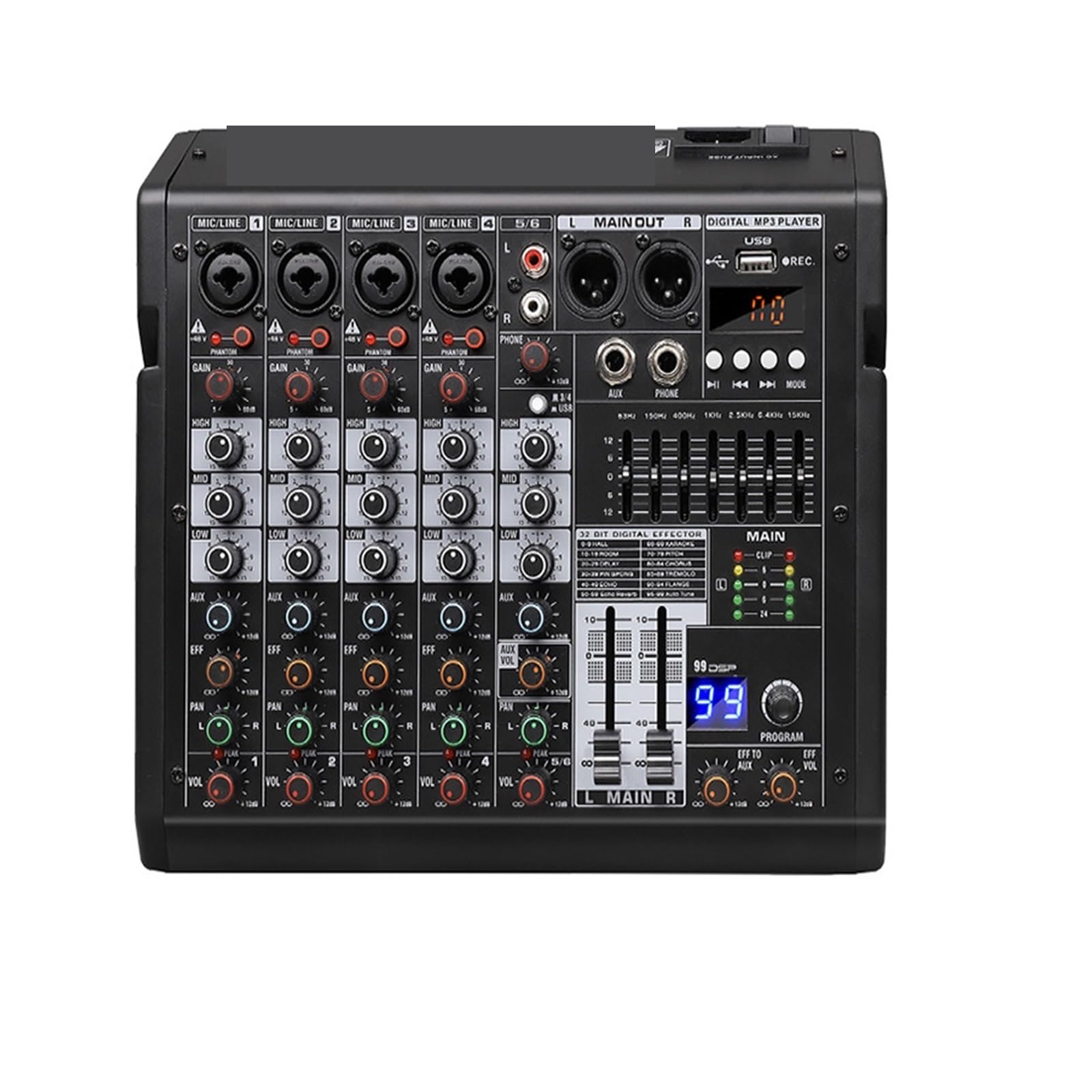 DSP 4-Channel Mixing Console Digital MP3 Input 48V Power with Bluetooth Podcast Recording(Tds-6)