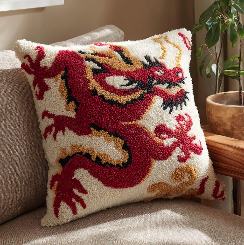 Taxpy DIY Latch Hook Pillow Kit Pre-Printed Hook and Latch Rug Kits Drago 17X17 Inch.Cross-Stitch Embroidery Cushion Cover for Home Sofa Decoration