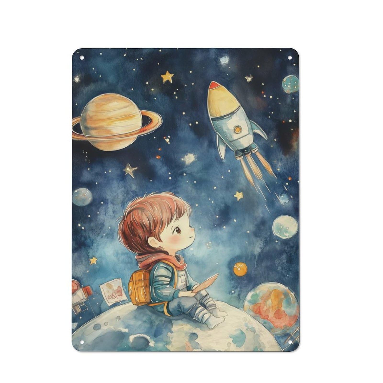 Tin Wall Plaque 40x30cm with Boy Gazing at Rocket in Space for Living Room Or Hallway, A Decorative Christmas Gift for Home Wall Decor Collectors