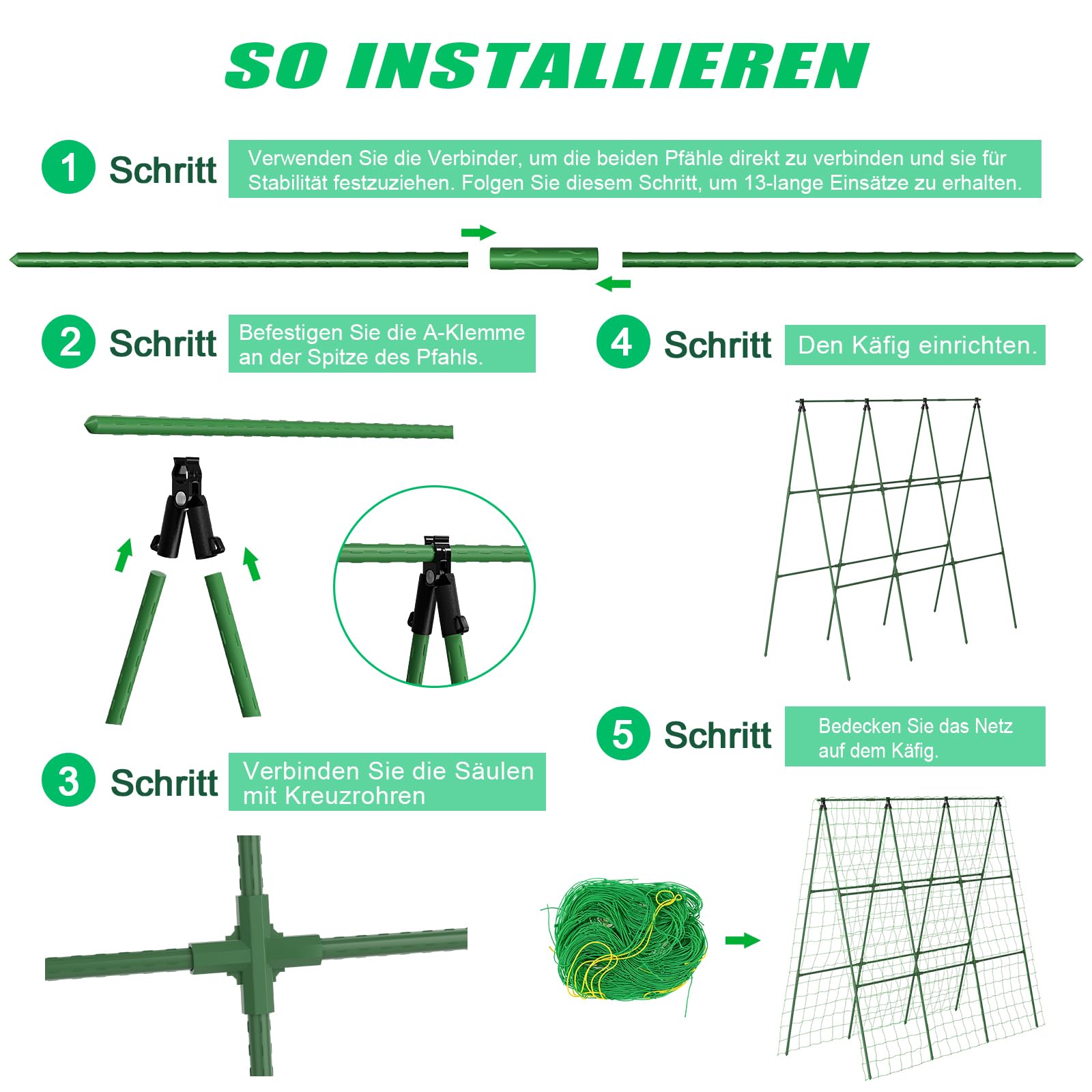 SUNYRISY Gurke Rankhilfe, Rankgitter mit Netz Pflanzenhalter für Gurke, Rankhilfen für Kletterpflanzen, Tomaten Rankhilfe, Pflanzenstütze für Blumen & Nutzpflanzen, 150 cm Lang, Grün