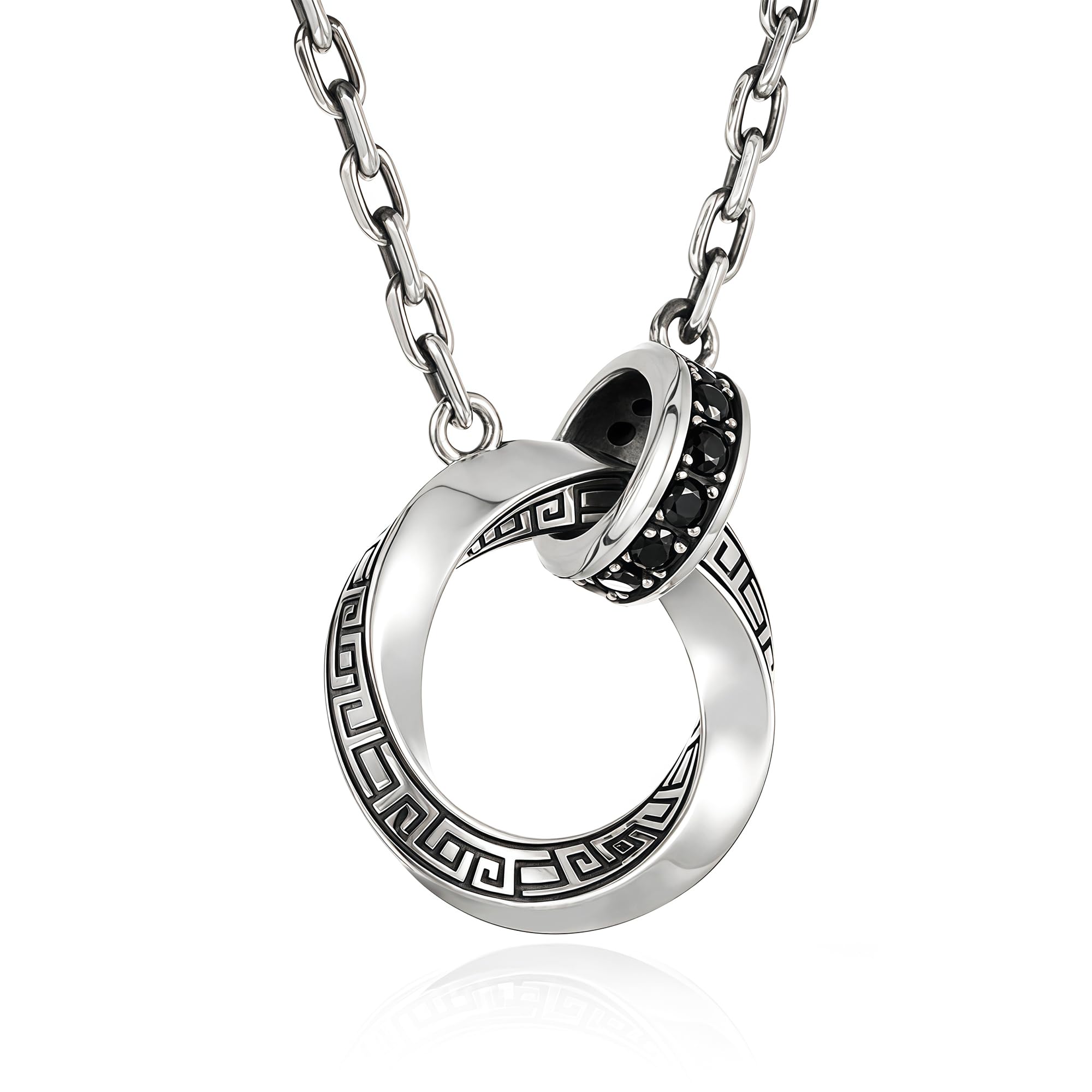 Möbius Strip Men's Necklace, Double Ring Black Onyx Pendant Necklace for Men, Silver Interlocking Circle Mens Necklaces holiday,Jewelry Gift for Him Boyfriend Husband (22+2Inchs)