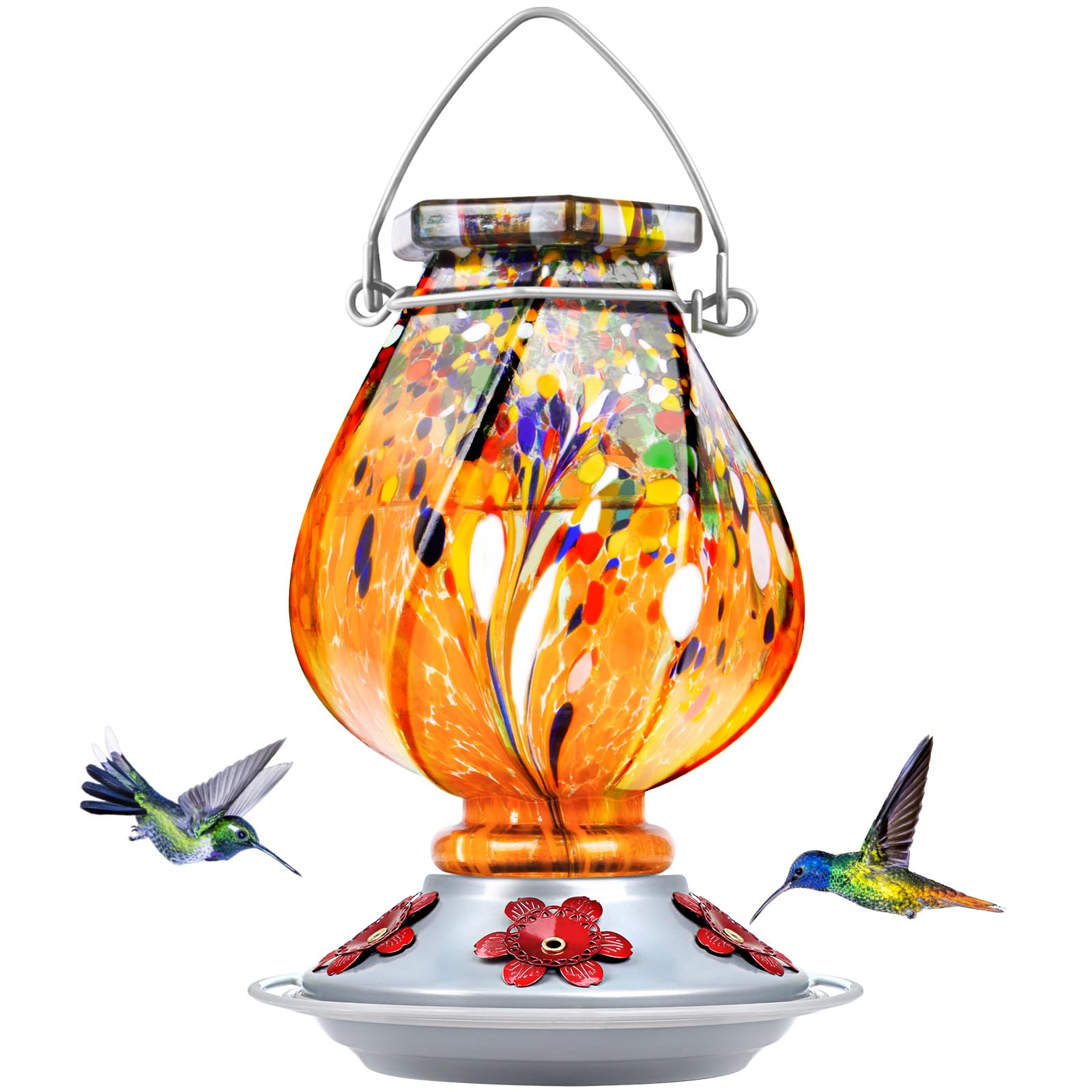 BOLITE Hummingbird Feeder, 18058O Hand Blown Glass Hummingbird Feeders for Outdoors Hanging, 22 Ounce, 5 Feeding Ports with Perch, Orange