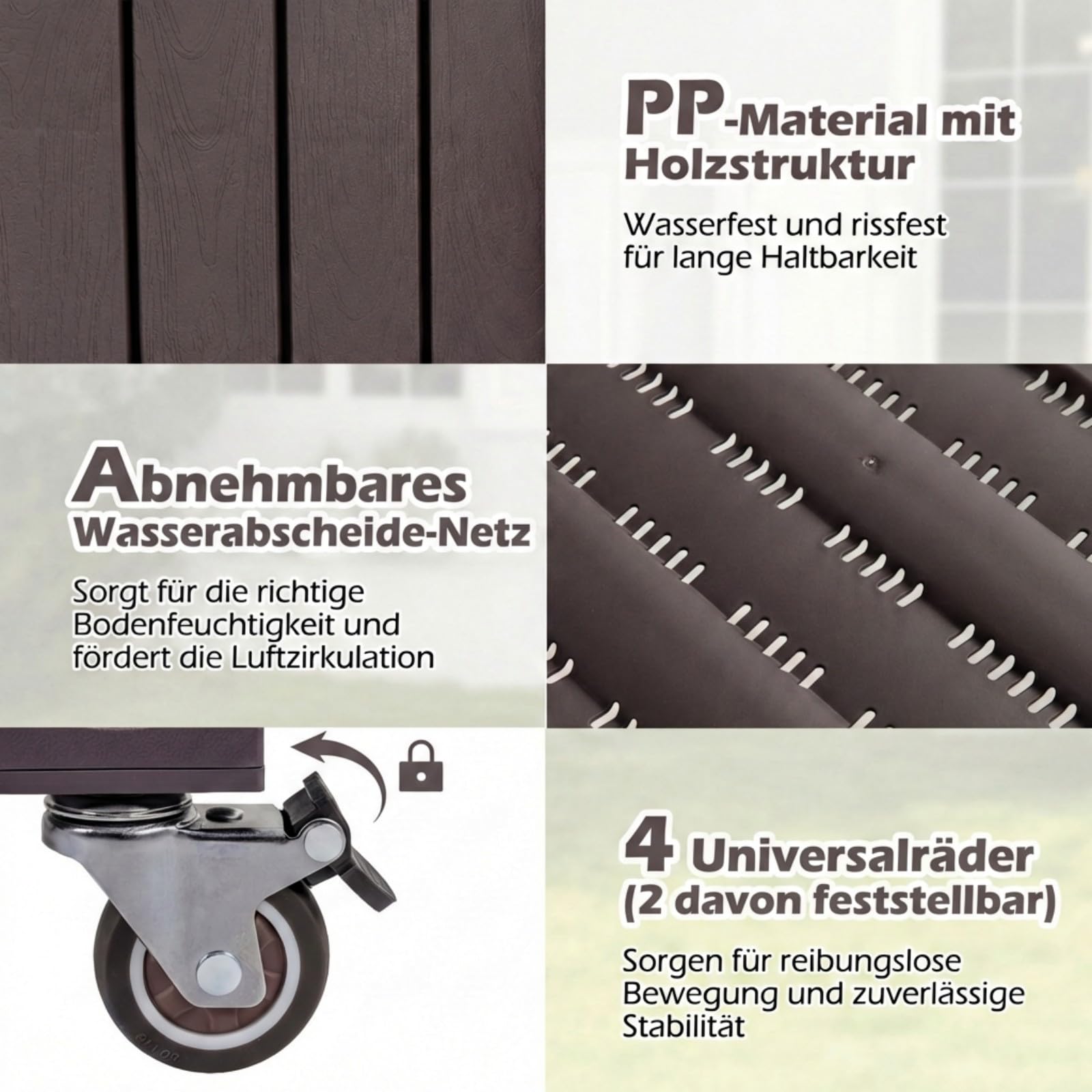 COSTWAY Hochbeet mit Rollen, erhöhtes Gartenbeet mit Ablage, Wasserstandsanzeiger & Ablauflöchern, Kräuterbeet Gemüsebeet, aus Kunststoff und Metall, Pflanztisch für Balkon Garten Terrasse, Braun