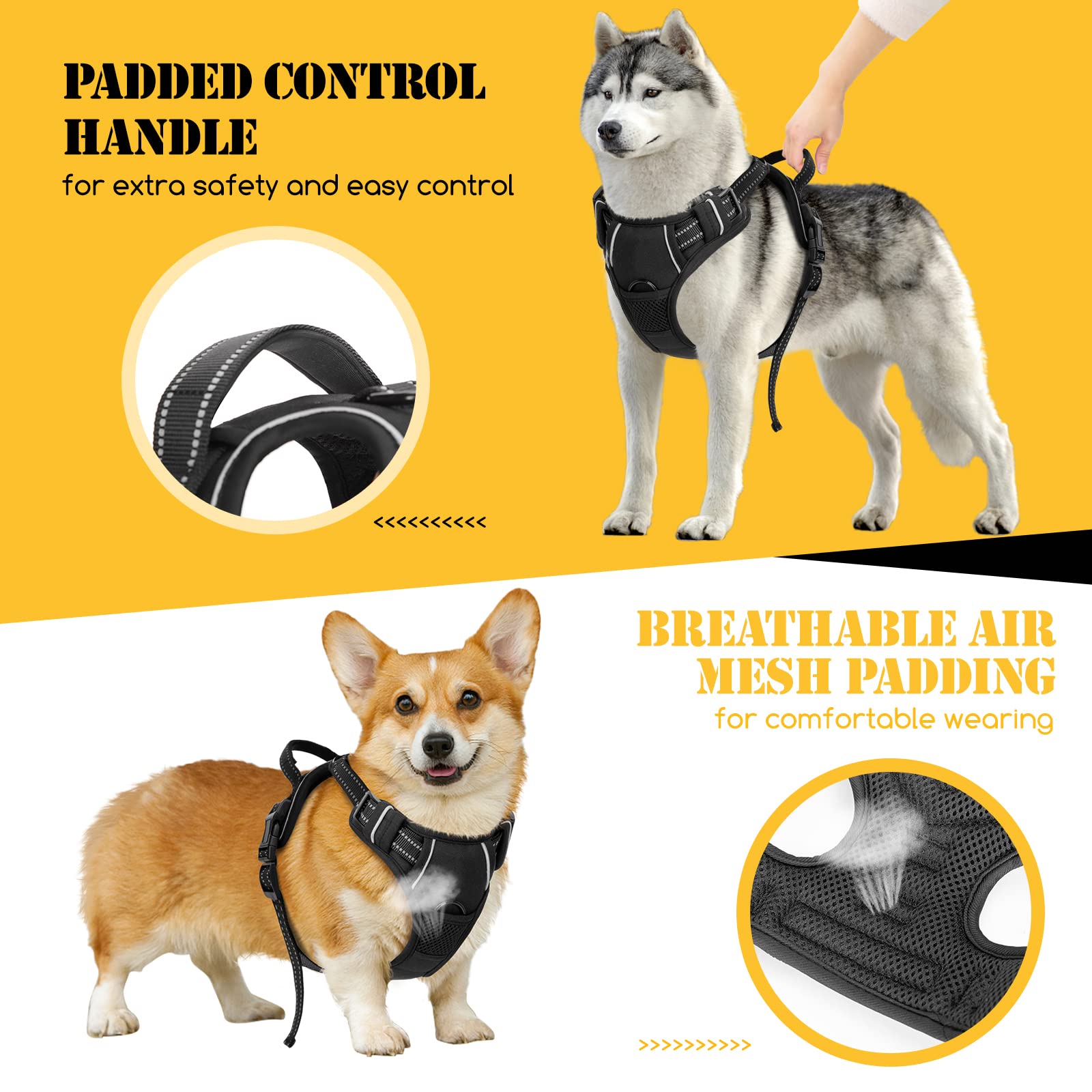 Nobleza - Pettorina Cane Taglia Grande, Pettorina Cane Regolabile con 2 Ganci in Metallo, Pettorine per Gilet Anti-Tiro per Cani, Imbracatura Riflettente Morbida, Nero(L)