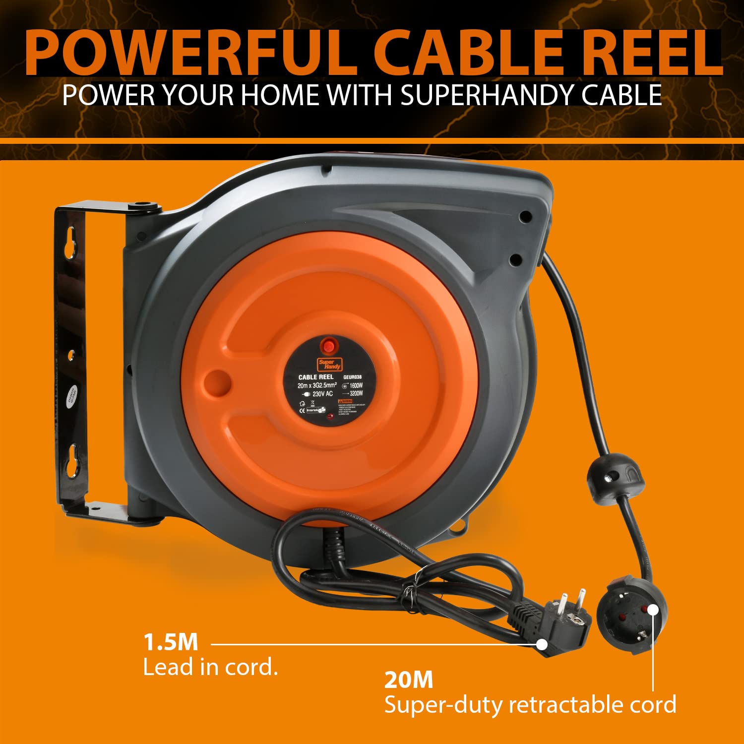 SuperHandy Carrete Alargador de Cable retráctil extra largas de 20m H05VV-F de polipropileno Industrial Ultra Altas Prestaciones comercial de primera calidad ultra flexible cable