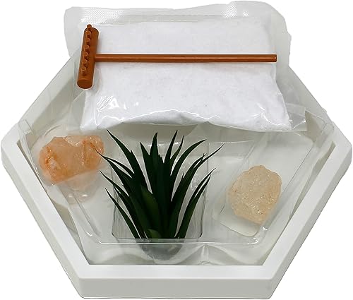 Miniatura 5 de Nature's Mark Mini kit de jardín Zen para escritorio con arena blanca, rastrillo, base blanca, roca de sal y planta de aire (hexagonal)