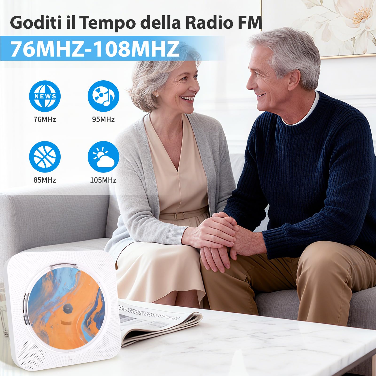 Lettore CD Portatile Bluetooth 5.1 con Altoparlanti, Radio FM USB/AUX, Bianco