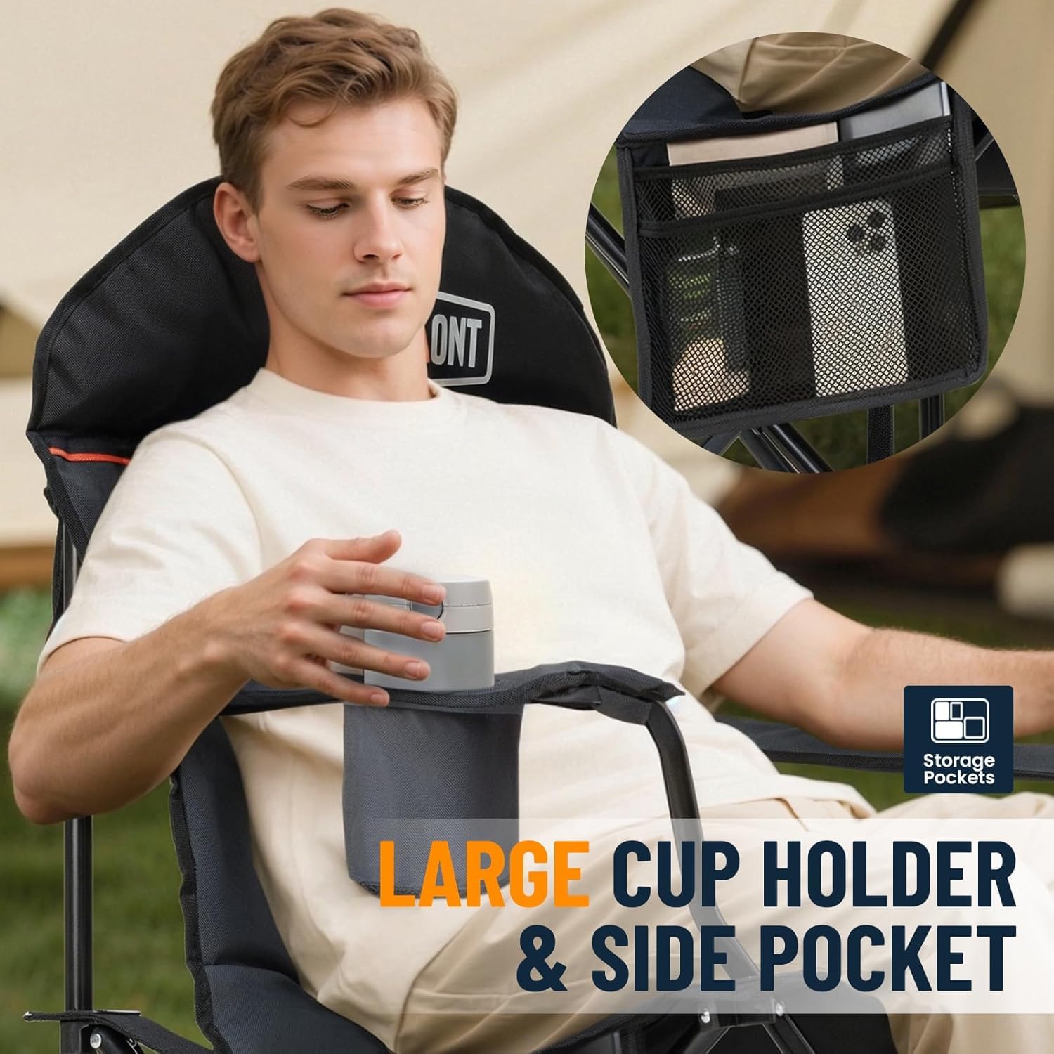 OVERMONT Silla de Camping Plegable Respaldo Alto – Silla XXL Plegable hasta 150 kg – Silla de jardín portátil con portavasos – para Senderismo, Picnic y Pesca al Aire Libre