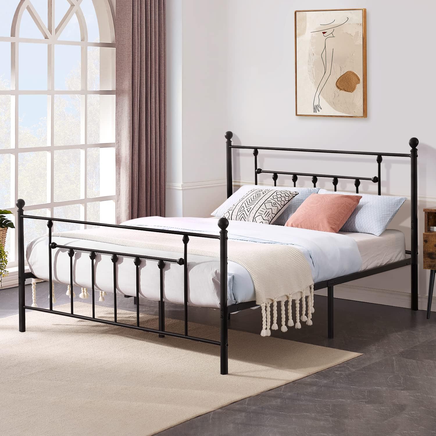 VECELO Queen Size Metal Platform Bed Frame with Headboard and Footboard, Heavy Duty Slat Support/No Box Spring Needed Mattress Foundation/Underbed Storage Space, Victorian Style