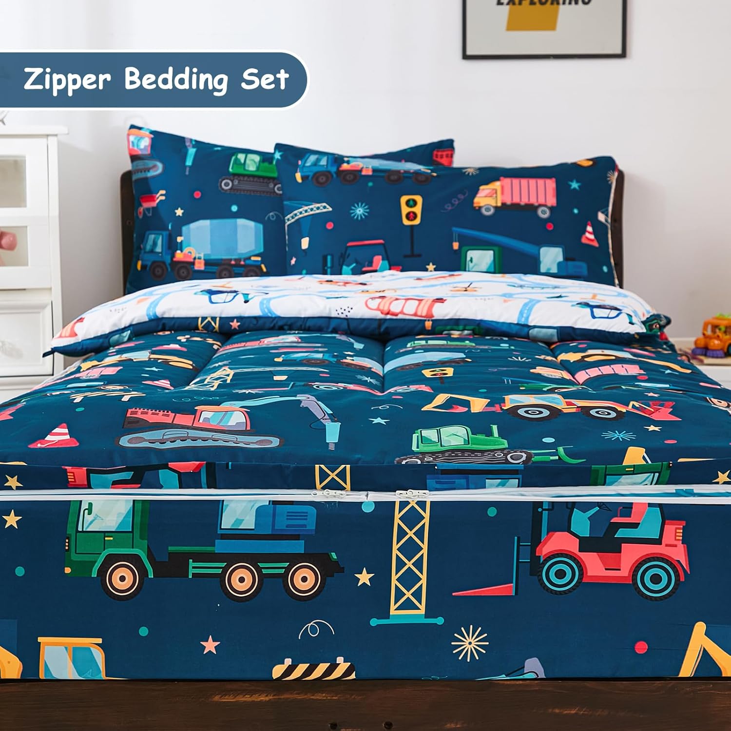 DJY Zipper Bedding Set Full, Navy Blue Construction Car Bedding Sets for Boys, Kids Comforter Set with Fitted Sheet Pillowcases, All in One Zipper Bed Set for All Seasons