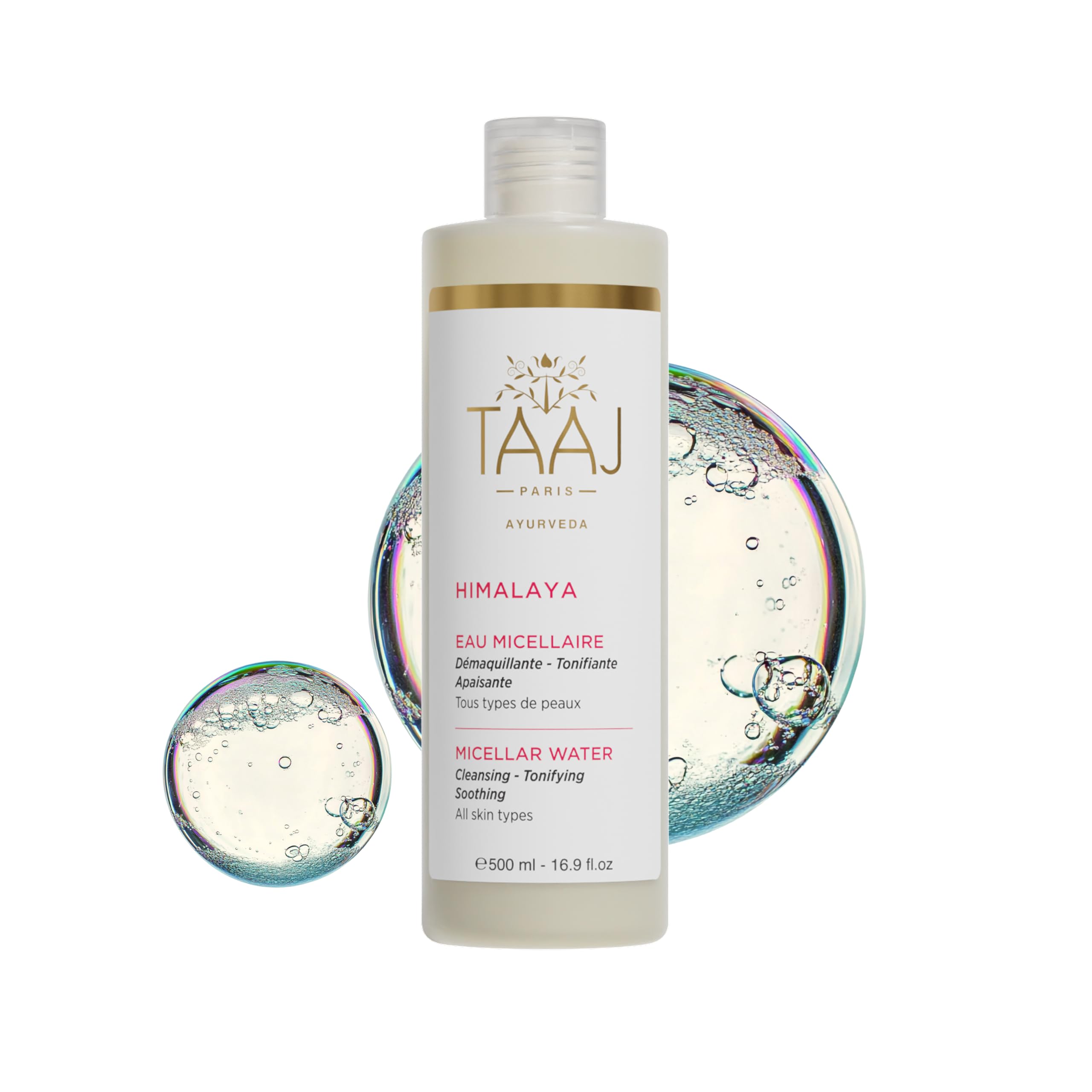 TAAJ | Micellar Water - HIMALAYA | Cleanses, tones and soothes the skin | Removes make-up and eliminates impurities | Soft, supple skin | Fresh, radiant complexion | All skin types | Vegan | 500 ml