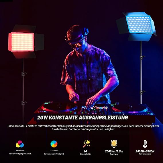 Soonpho 2-Pack RGB LED Video Light Set Panel Video Light Barn Door 2500-8500K Dimmable 20W Light Photography Studio Lighting with 1.6m Tripod Stand and Mobile Phone Holder for Video YouTube Live Streaming
