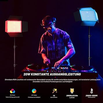 Soonpho 2-Pack RGB LED Video Light Set Panel Video Light Barn Door 2500-8500K Dimmable 20W Light Photography Studio Lighting with 1.6m Tripod Stand and Mobile Phone Holder for Video YouTube Live Streaming