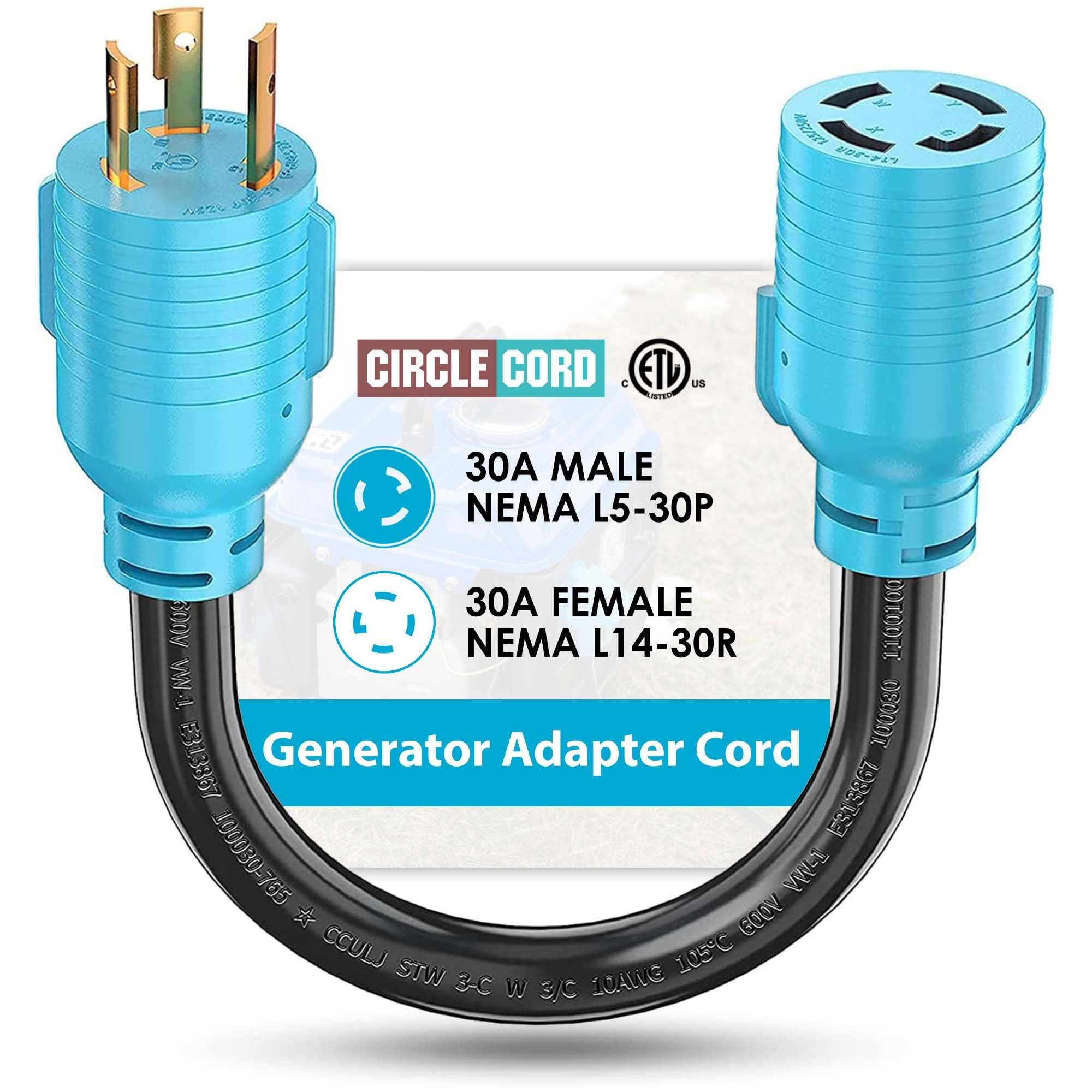 CircleCord NEMA L5-30P to L14-30R Adapter Cord, 4 to 3 Prong Generator Transfer Switch Adapter, 30 Amp Generator Twist Lock 3 to 4 Prong House Inlet