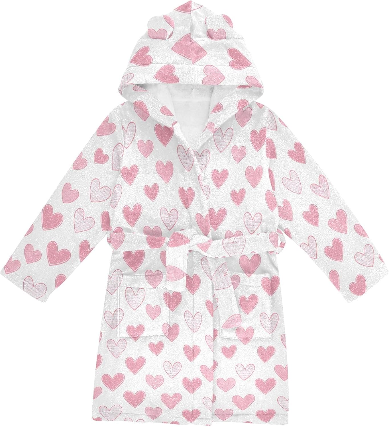 Line Pink Hearts Toddler Hooded Bathrobe for Boys Girls Soft Plush Bath Towel Robe 2-12 Years
