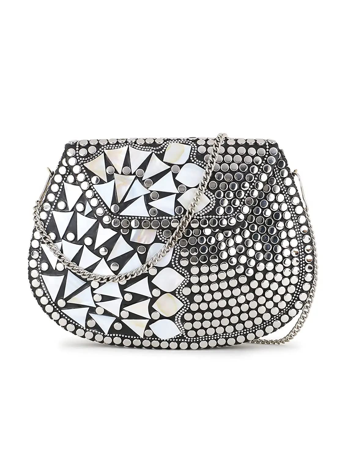 Shakuntala Vintage Mosaic Silver & White Metal Embellished Bridal Clutch Sling Bag for Women-image-48