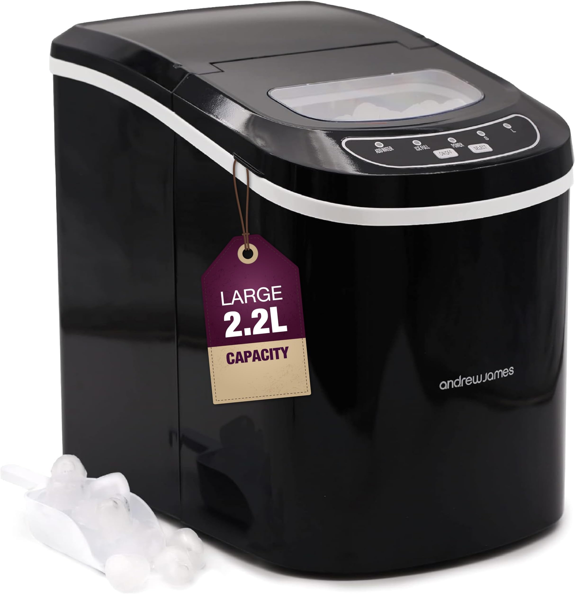 2.2L Andrew James Ice Maker Machine – Portable Countertop Ice Machine for Home, Electric Ice Dispenser with Scoop & Basket, Self-Cleaning, Small or Large Ice Cubes