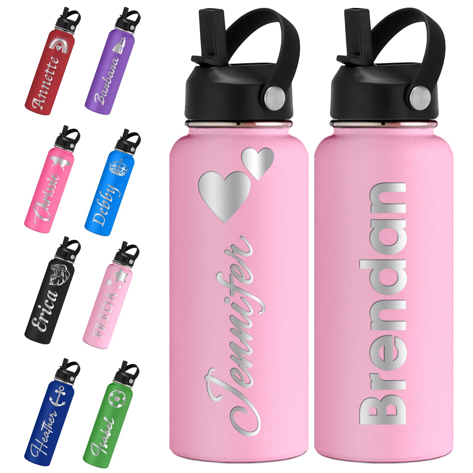 Xihedfd Personalised Water Bottles with Straw Lid 700ml/950ml/1150ml Custom Engraved Name Logo Stainless Steel Bottle Customised Insulated Thermos for School Sport Gym Work