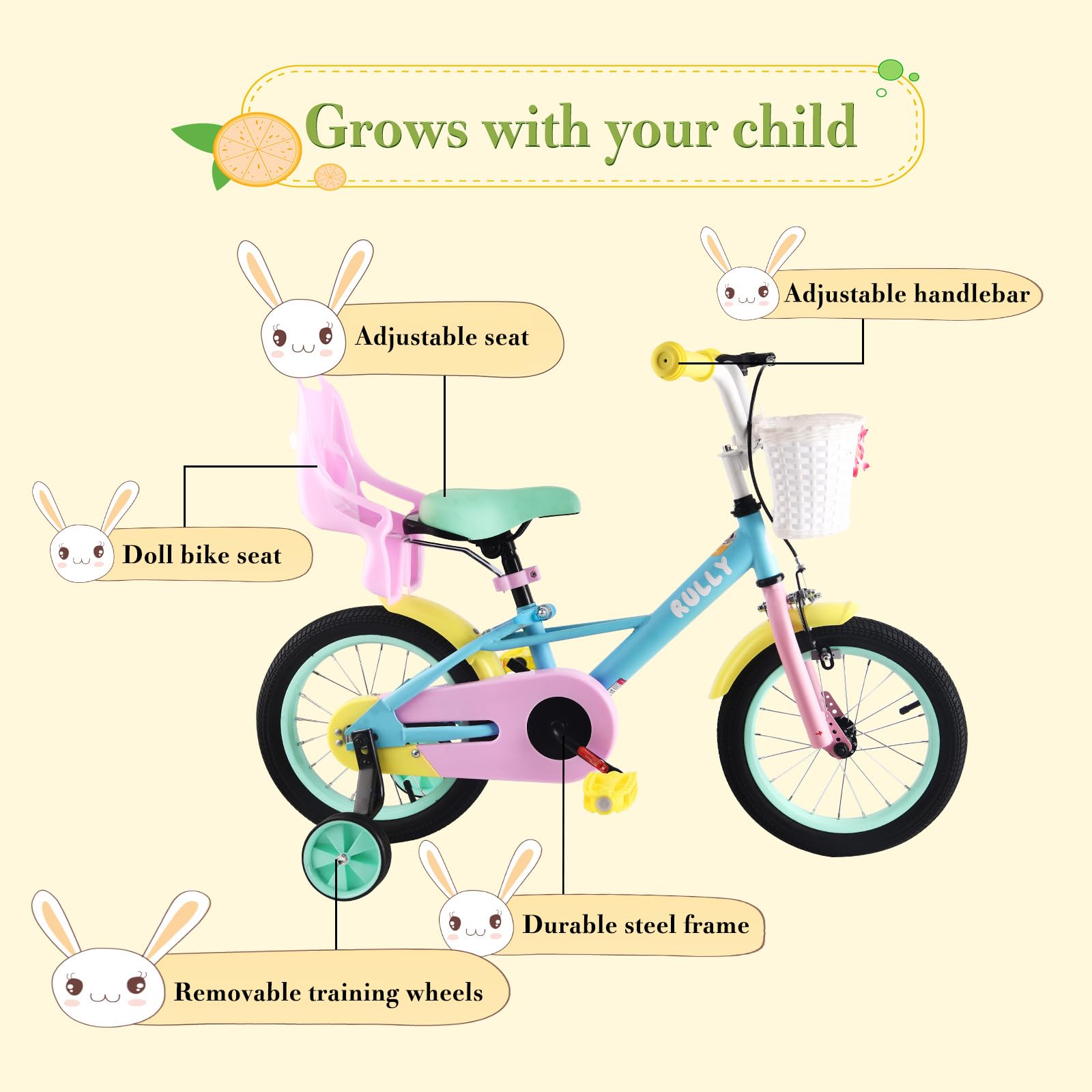 RULLY Kinderfahrrad 12-16 Zoll für Mädchen 2-7 Jahre (33-53 cm) – Mädchenfahrrad mit Stützrädern, Rücktrittbremse und Regenbogen-Design.