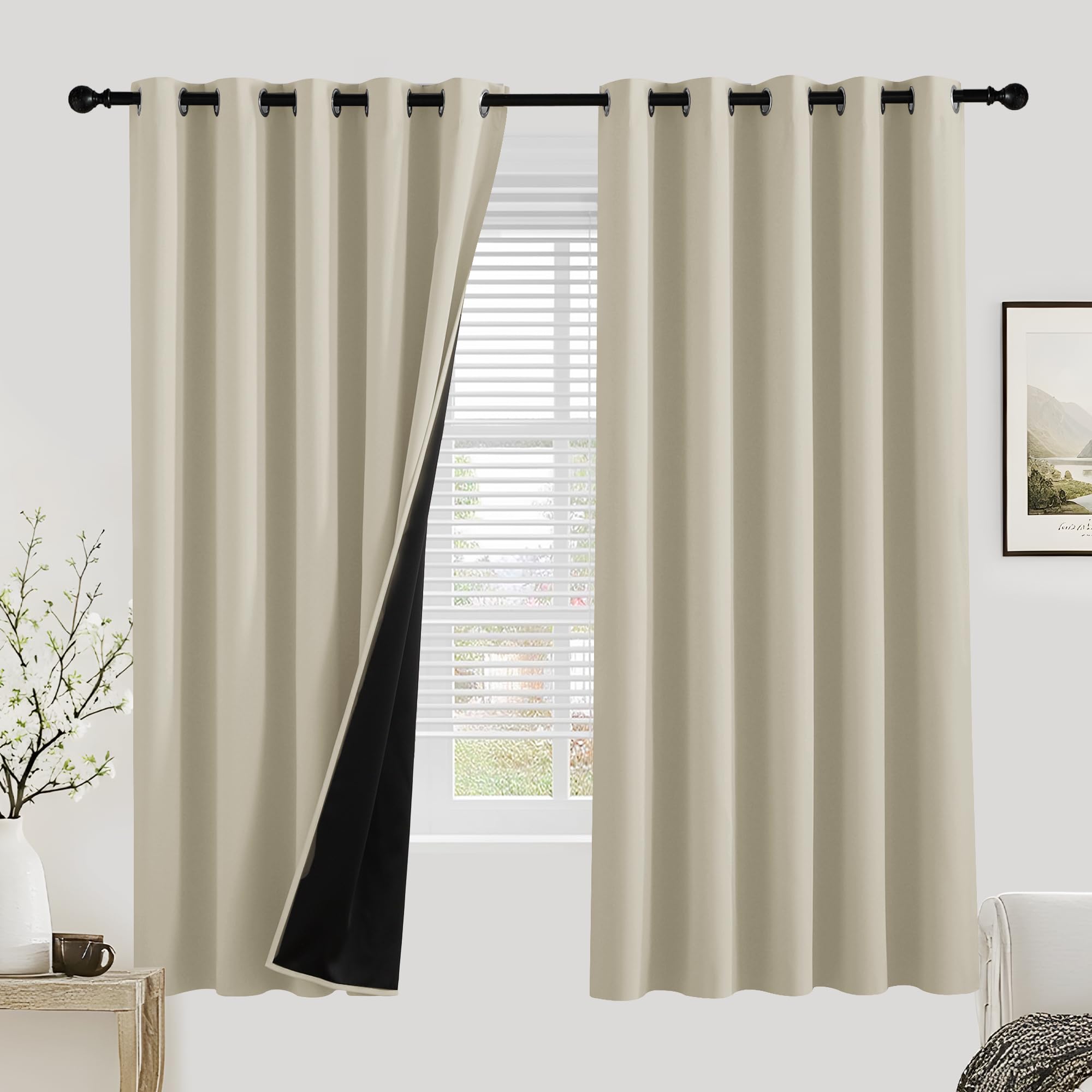 PONY DANCE 100% Blackout Eyelet Curtains, 2 Panels, 90" x 72", Light Beige